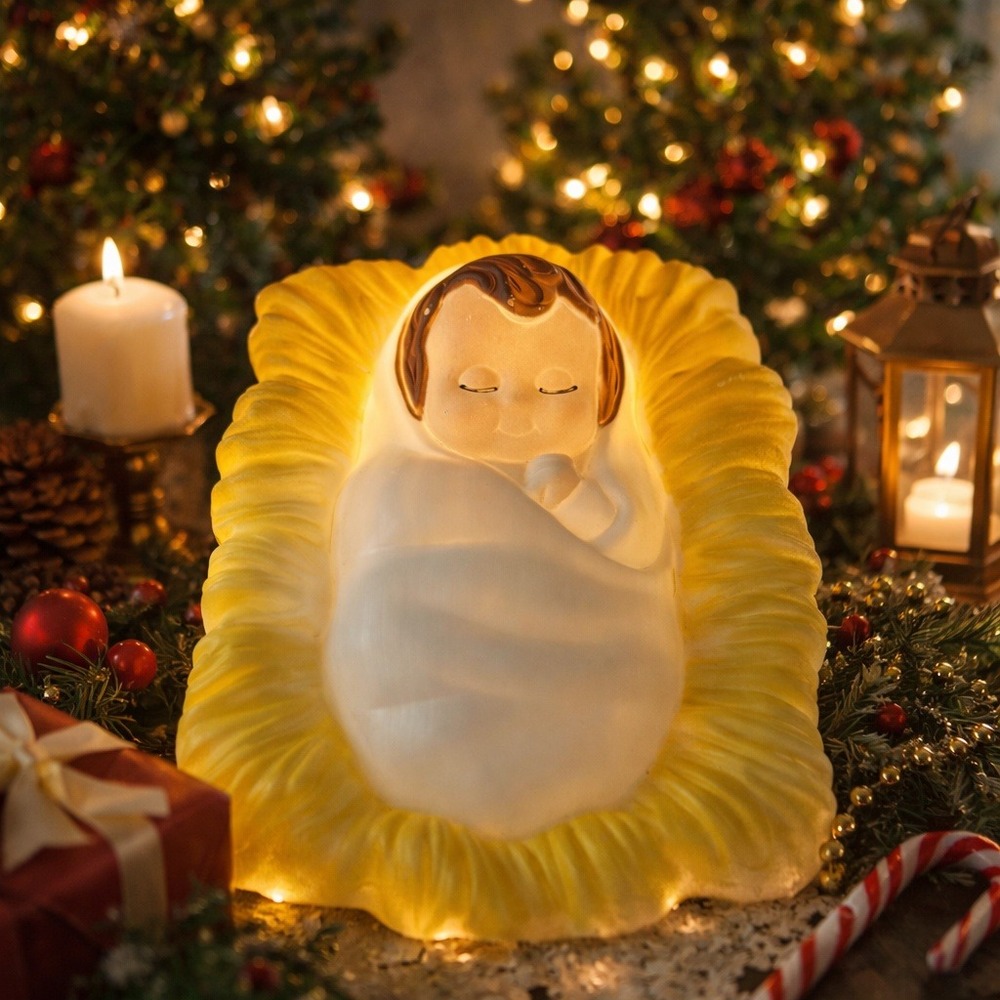 Vintage General‎ Foam Plastics Baby Jesus Nativity Blow Mold Light Manger USA